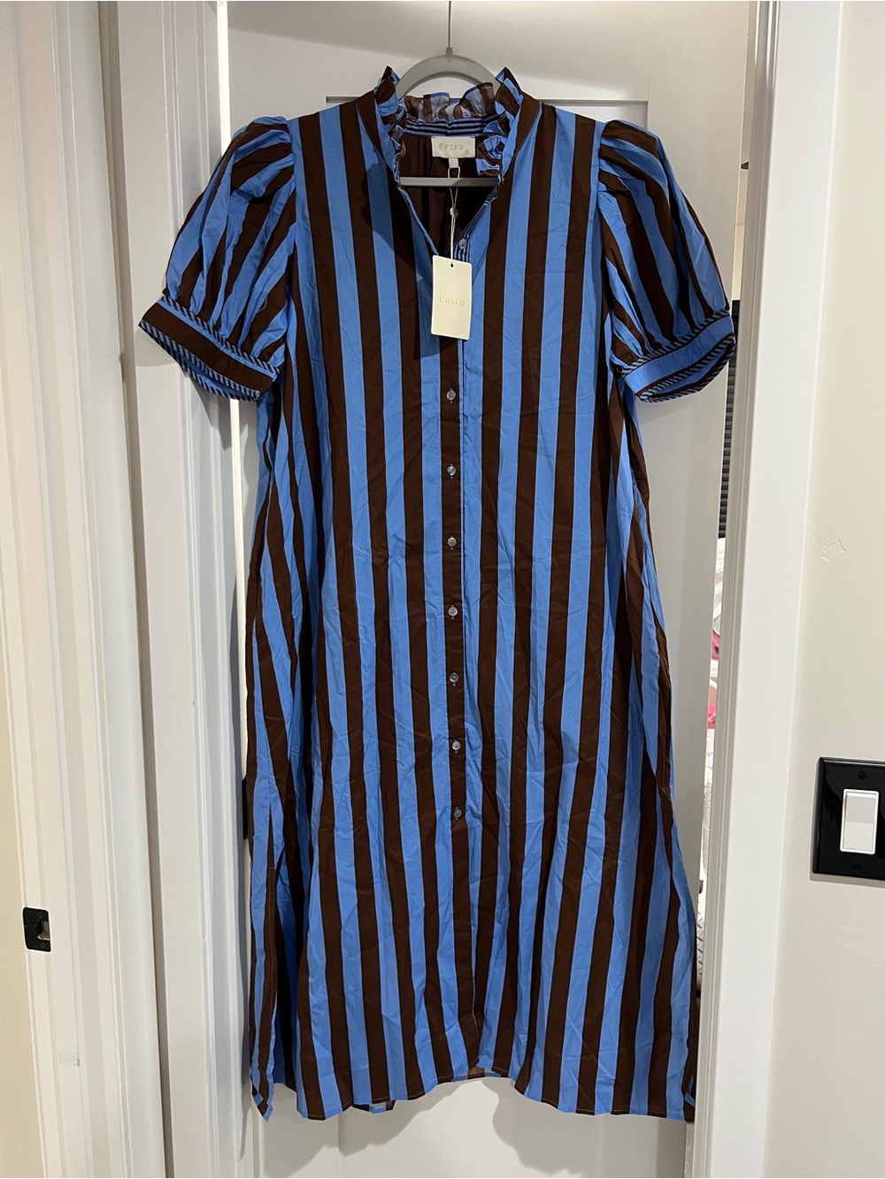 Entro Blue and Brown Striped Midi Button Dress